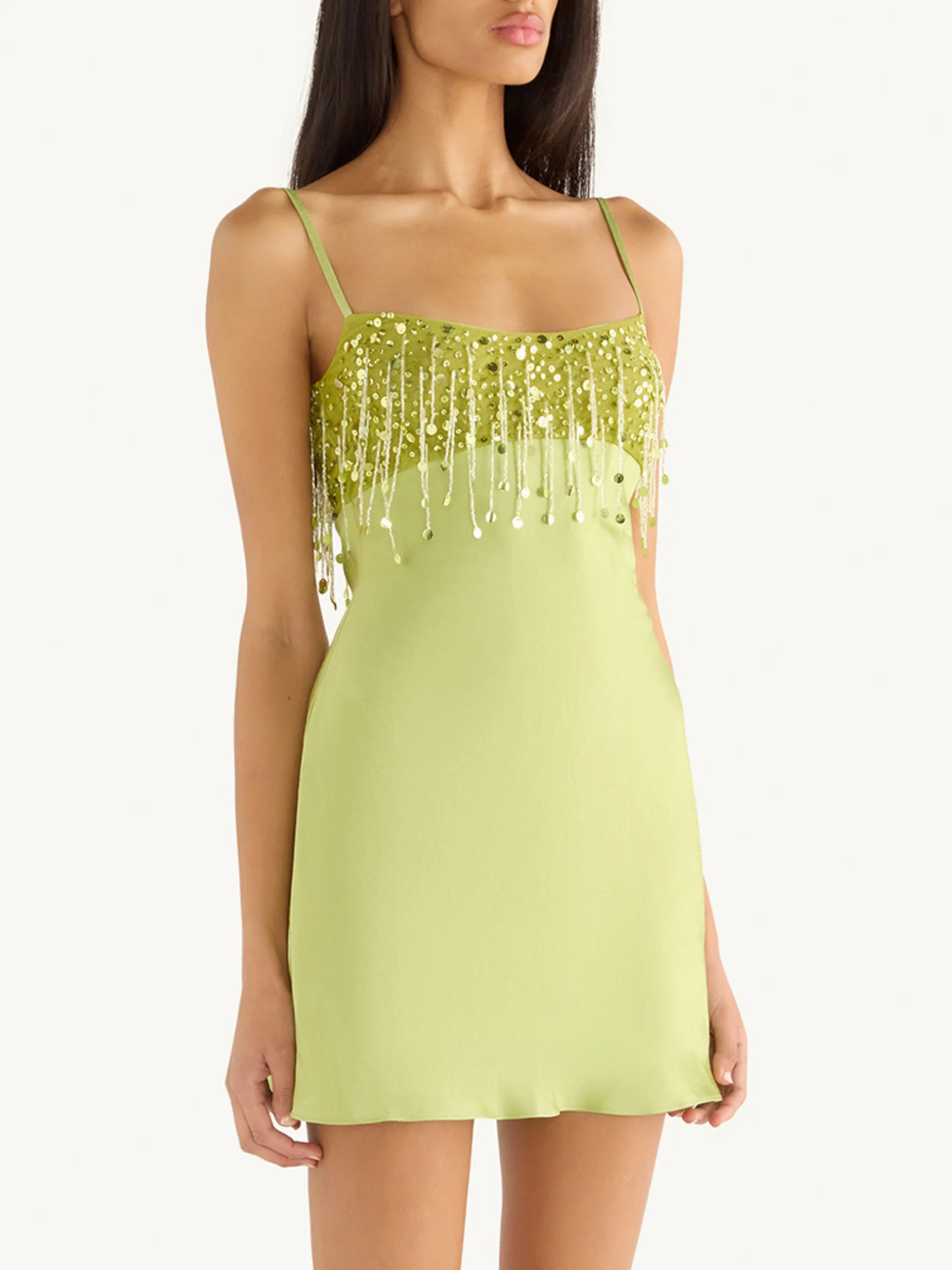 Yasmin Hand Beaded Mini Dress - Chartreuse - Image 3